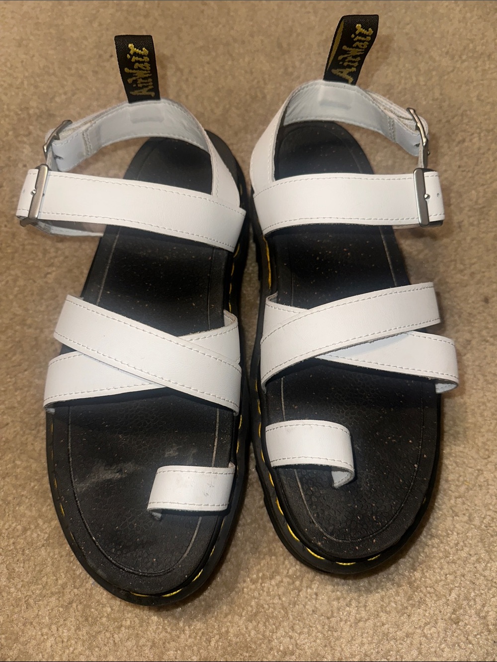 Dr. Martens White Strappy Sandals with Black Soles and Yellow Stitching